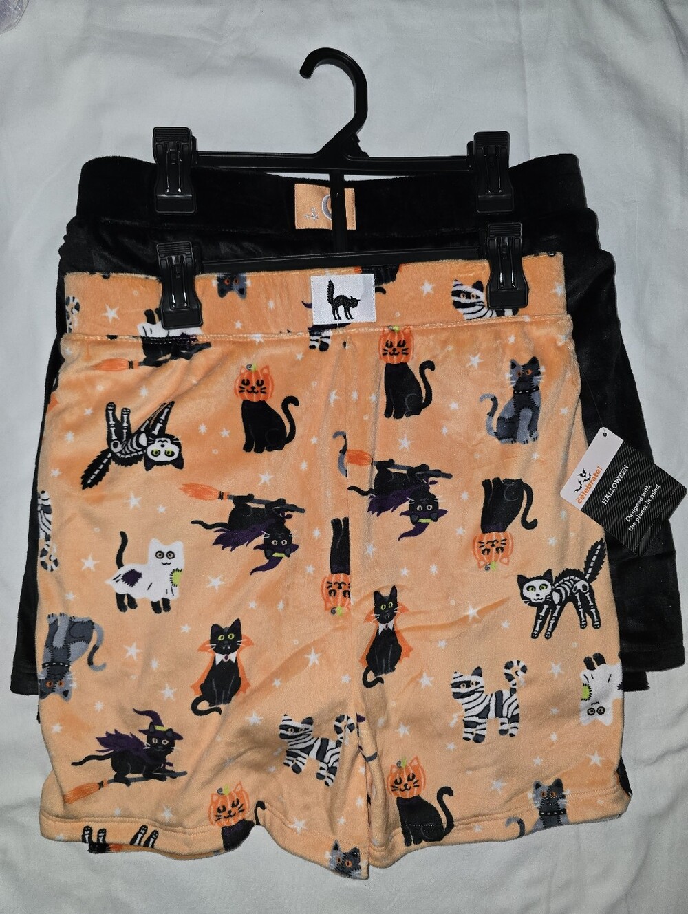 2pk Halloween Soft Velvet Black Checkered /Orange Cat Themed Shorts